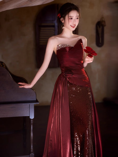 Wine Red Satin and Sequins Long Strapless Party Dress, Wine Red Long Evening Dress